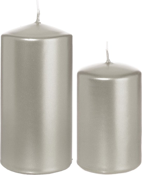 Trend Candles - Cilinder Stompkaarsen set 4x stuks zilver 8 en 12 cm