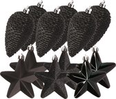 Dennenappels en sterren kerstornamenten - 12 stuks - kunststof - zwart