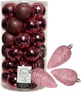 Kerstballen en dennenappel ornamenten - 43x stuks - kunststof - lippenstift roze