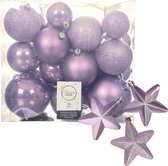 Paquet 32x morceaux de boules de Noël en plastique et ornements d'étoiles lilas violet