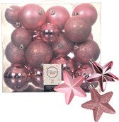 Kerstballen en sterren ornamenten - set 32x stuks - kunststof - roze