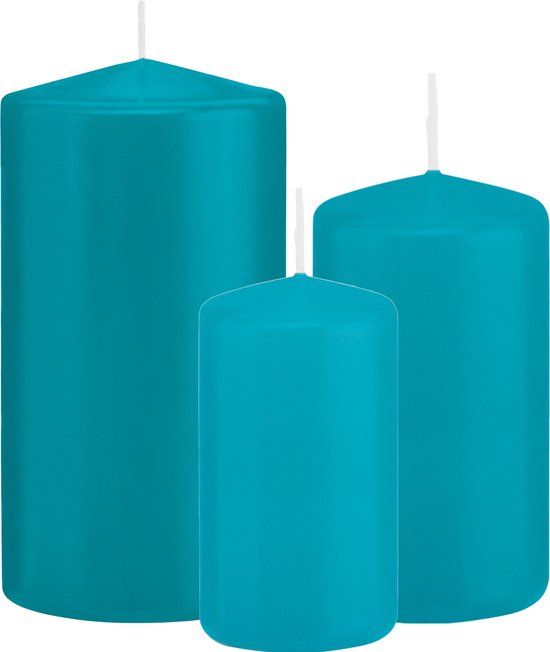 Bougies cylindriques set de 3x pièces bleu turquoise 10-12-15 cm