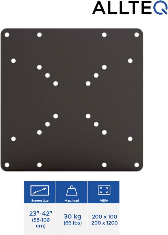 Zwarte ALLTEQ VESA adapter met veel montagegaten. Specificaties: 23"-42", 30 kg, 200x100/200x200.