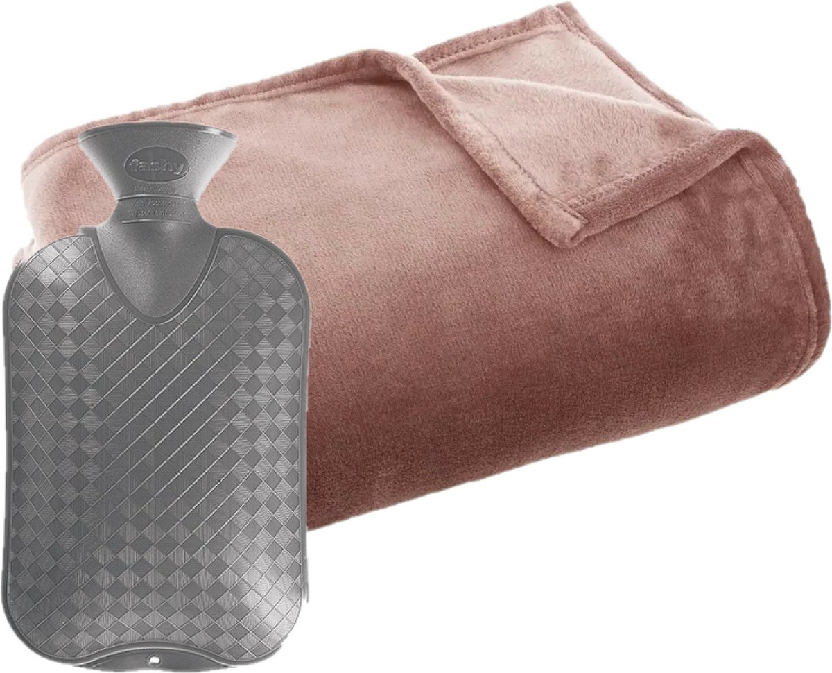 Fleece deken/plaid Oud Roze 125 x 150 cm en een warmwater kruik 2 liter