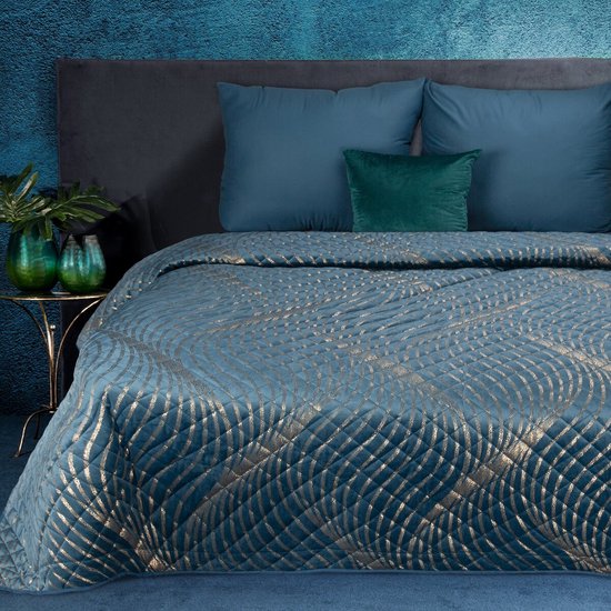 Oneiro’s luxe BLANCA Type 1 Beddensprei Blauw/Goud - 230x260 cm – bedsprei 2 persoons - beige – beddengoed – slaapkamer – spreien – dekens – wonen – slapen