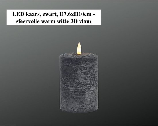 LED kaars, zwart, D7.6xH10cm - sfeervolle warm witte 3D vlam