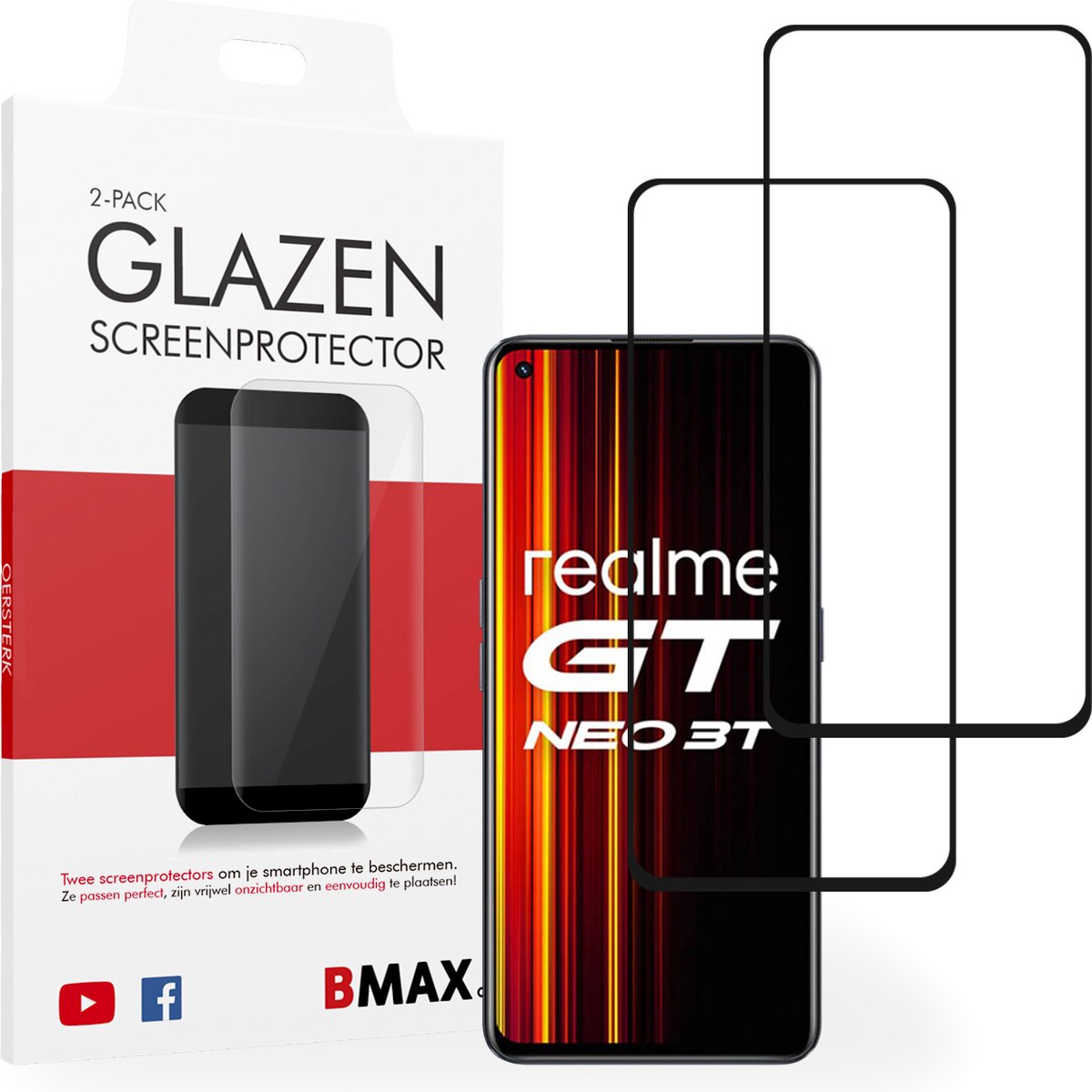 2-pack BMAX geschikt voor Realme GT Neo 3T Screenprotector - Full Cover - Gehard glas - Tempered glas - Realme screenprotectors 2 stuks - Telefoonglaasje - Beschermglas - Glasplaatje - Screensaver - Screen protector - Case friendly - Zwart