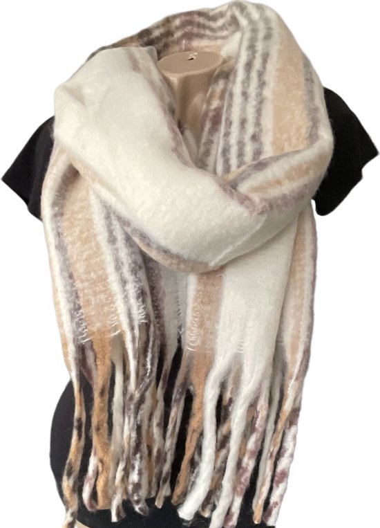 Warme Sjaal - Dikke Kwaliteit - Geruit - Ecru - 215 x 38 cm (225)