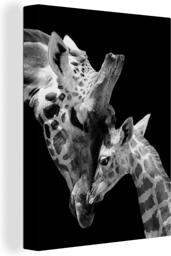 Canvas - Wilde dieren - Giraffe - Familie - Zwart - Wit - Schilderijen op canvas - Canvas doek - 30x40 cm - Wanddecoratie - Woonkamer