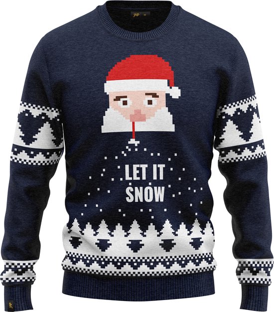 JAP Christmas Foute Kersttrui (maat XL) - 100% Gerecycled - Kriebelt niet - Kerstcadeau volwassenen - Kersttrui dames en heren - Santa let it snow - Blauw