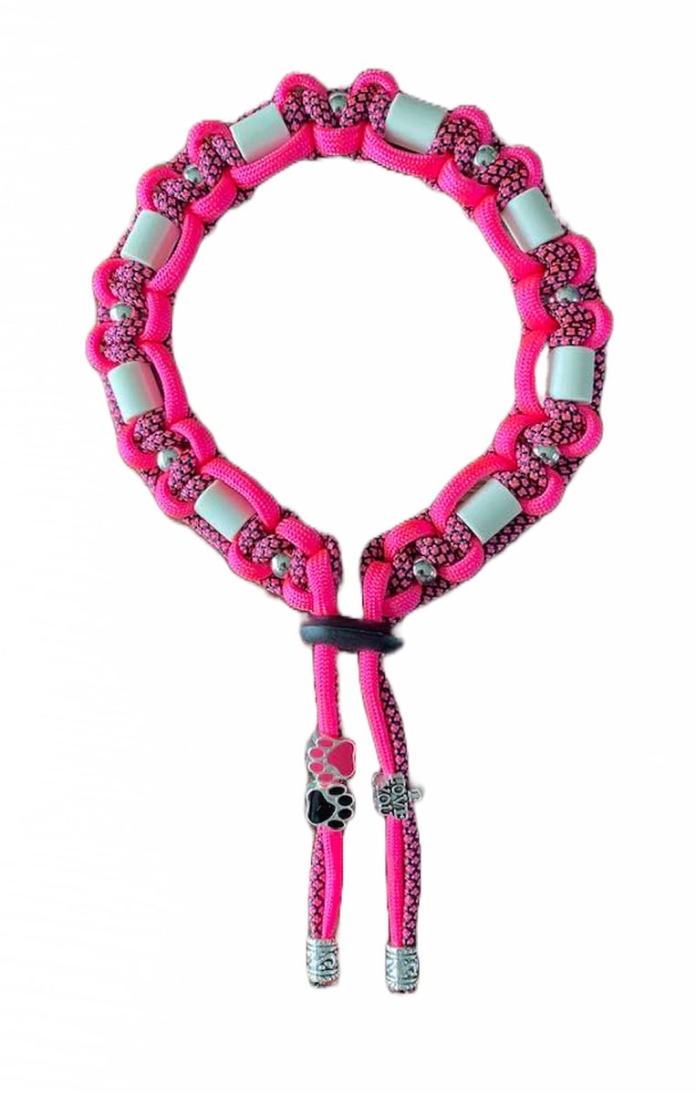 Anti-tekenband hond - Joy - lengte 30 cm - nekomvang vanaf 29 tot en met 34 cm - werkt ook tegen vlooien - originele EM-X kralen lichtgrijs - maat M - neonroze/zwart - met zilverkleurige kralen