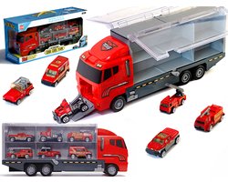Vrachtwagen Vrachtauto Brandweervrachtwagen BrandweerTransport Auto- met Brandweerauto, Ambulance Auto, Ladderauto, Pick Up Auto, Sleepauto - 6 Brandweer Gerelateerde Auto's - Metalen Auto's