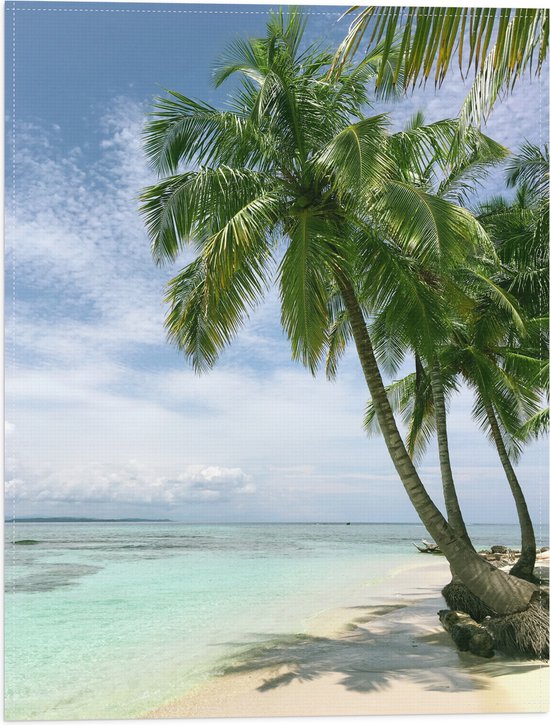 WallClassics - Vlag - Groene Palmbomen op Wit Strand - 30x40 cm Foto op Polyester Vlag