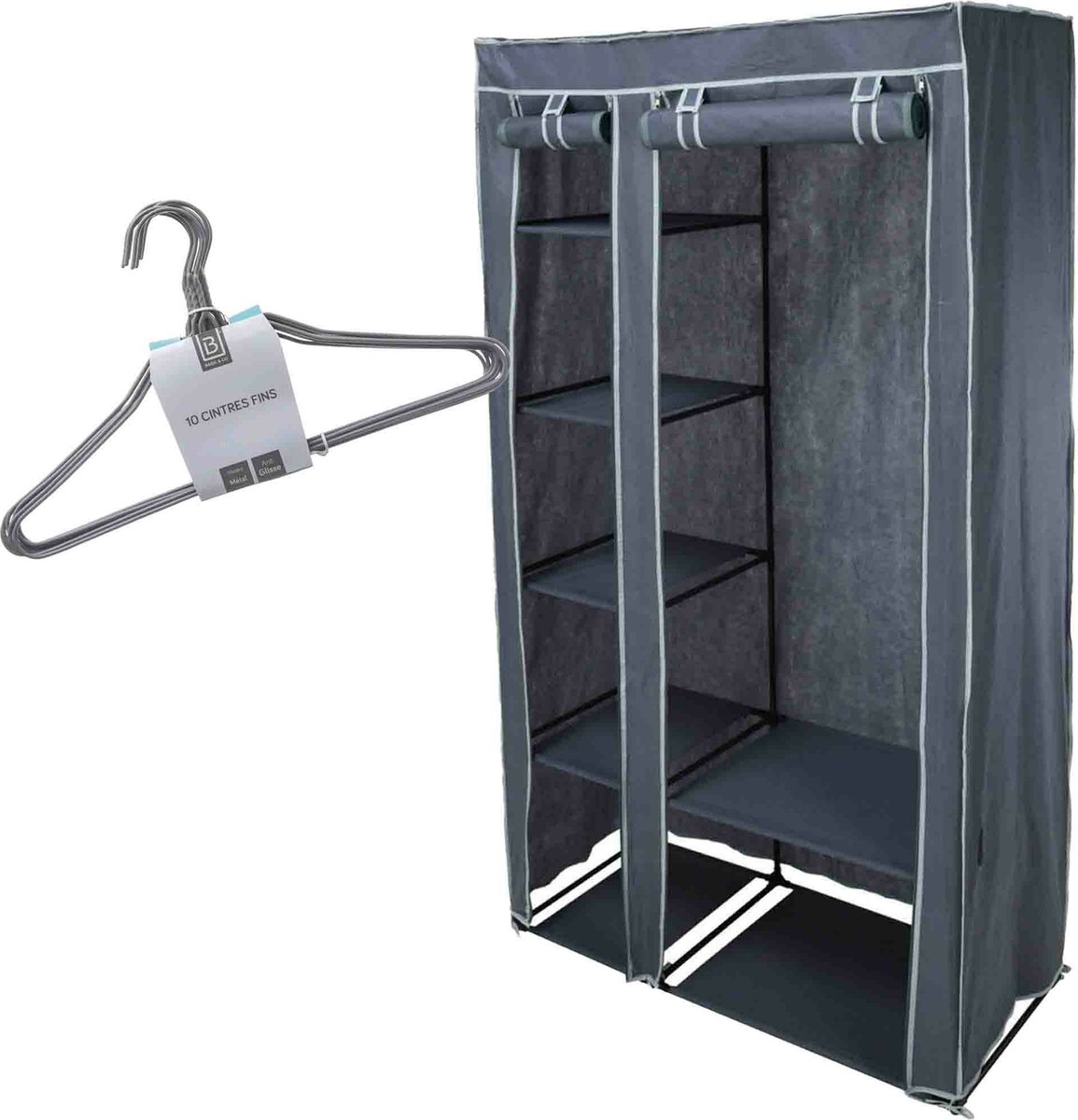 Set van mobiele kledingkast met kledinghangers - opvouwbaar - grijs