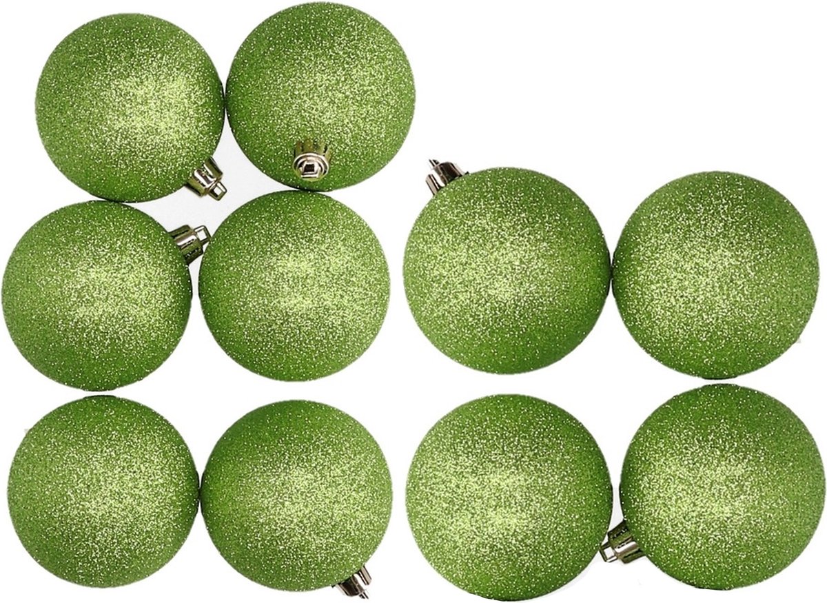Cosy & Trendy Kerstballen - 10 ST - appelgroen - glitters - 8 en 10 cm - kunststof