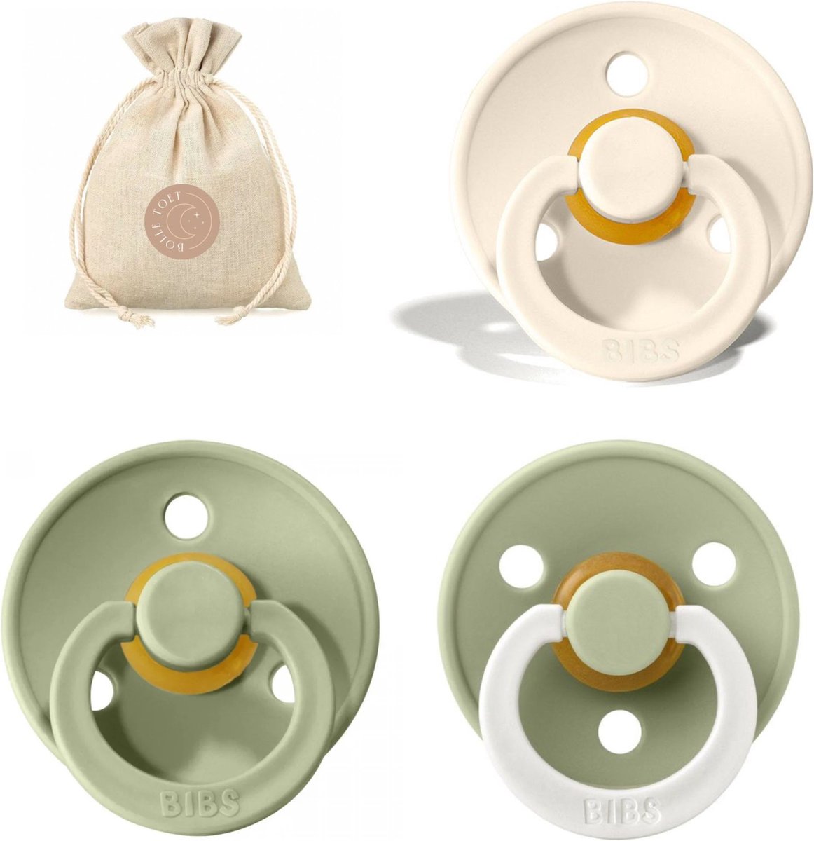 Goedkoopste BIBS spenen T1 met speenzakje | Ivory, Sage, Sage Glow in the dark | 0 tot 6 maanden