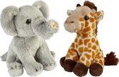 Ravensden - Safari dieren knuffels - 2x stuks - Olifant en Giraffe - 15 cm