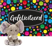 Keel Toys pluche olifant knuffel 14 cm met Gefeliciteerd A5 wenskaart