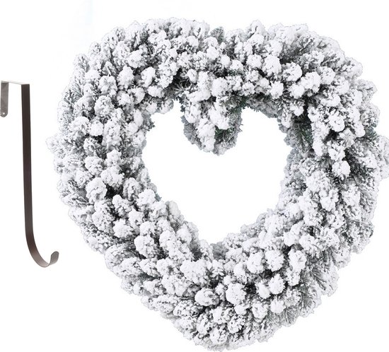 Kerstkrans - hart vorm - sneeuw - 50 cm- kunststof - incl. deurhanger