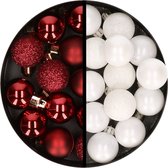 Kerstballen 34x st - 3 cm - donkerrood en wit - kunststof