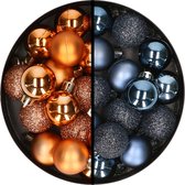 Kerstballen 34x st - 3 cm - koper en donkerblauw - kunststof