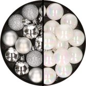Kerstballen 36x stuks - 3 en 4 cm - zilver en parelmoer wit - kunststof