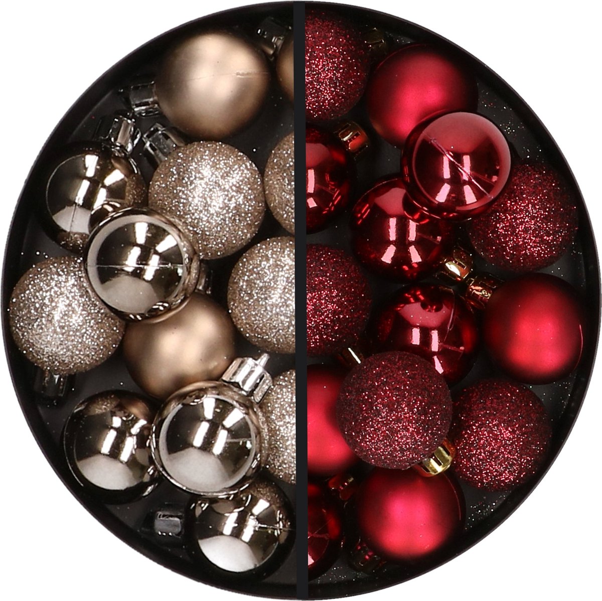Kerstballen 34x st - 3 cm - champagne en donkerrood - kunststof