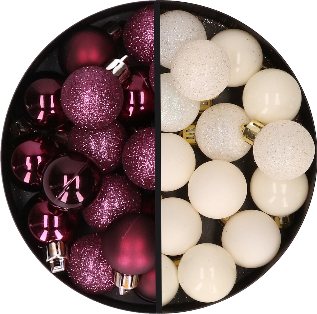 Kerstballen 34x st - 3 cm - aubergine paars en wolwit - kunststof