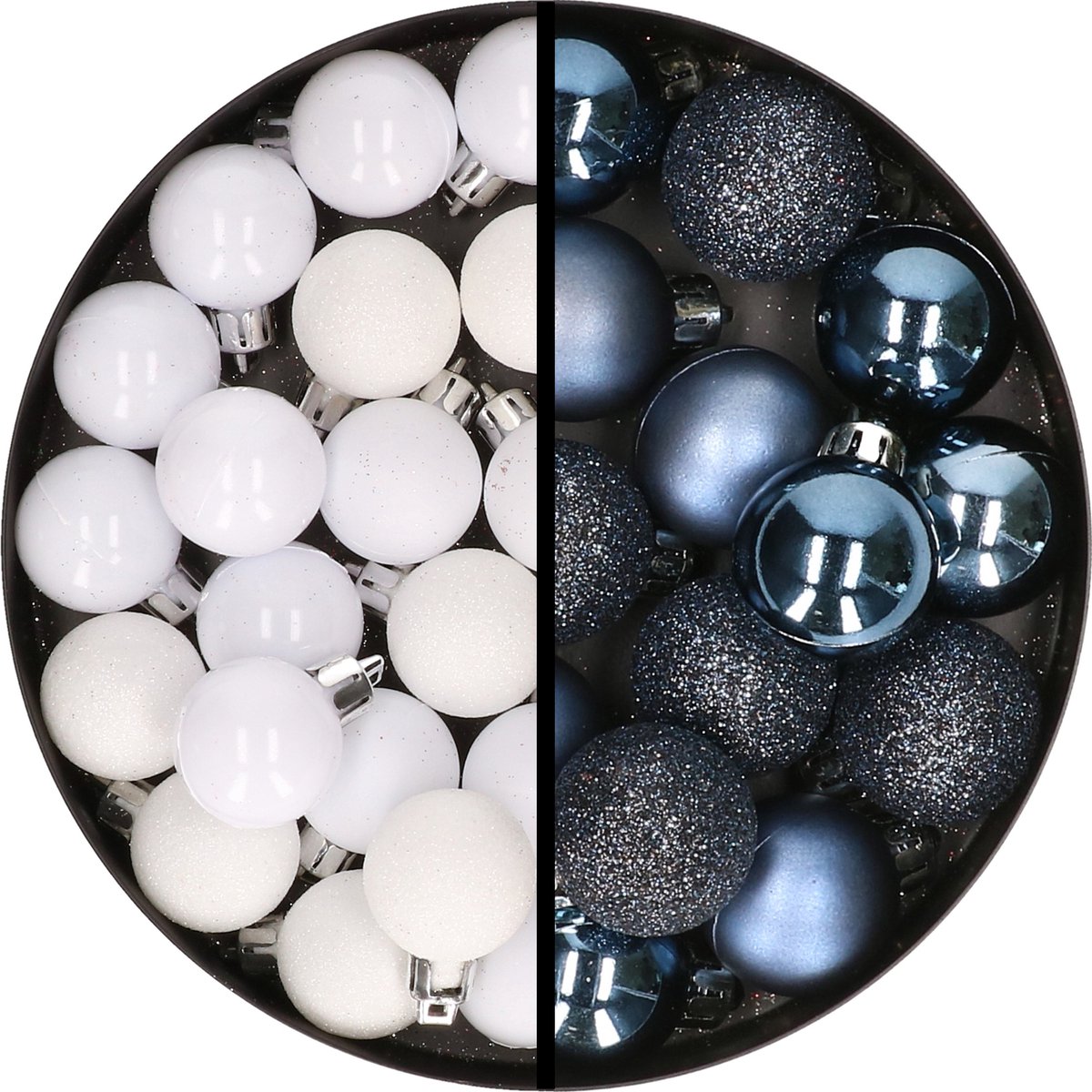 Kerstballen 34x st - 3 cm - wit en donkerblauw - kunststof
