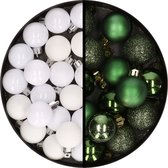 Kerstballen 34x st - 3 cm - wit en donkergroen - kunststof