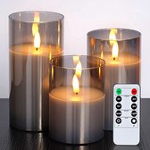 LED Kaarsen 3 stuks-Batterijkaarsen, zuilkaarsen Werkt op batterijen met afstandsbediening en timer, grijs glas