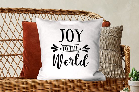 Sierkussen Noël Citations de Noël pour l'intérieur - Citation de Noël Joy au monde sur fond blanc - 50x50 cm - Coussin intérieur carré en coton