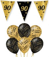 90 jaar verjaardag versiering pakket zwart/goud vlaggetjes/ballonnen