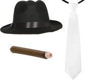 Smiffys - Gangster/Maffia verkleed set hoed zwart met witte stropdas en vette sigaar