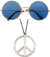 Widmann - Hippie Flower Power verkleed set peace ketting en ronde blauwe glazen party bril