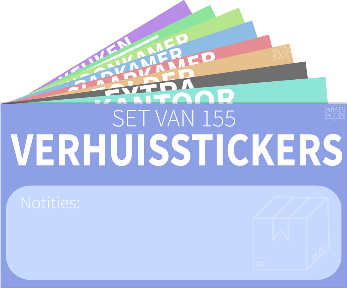 What's Goods - Verhuisstickers 155 stuks - verschillende kleuren en ruimtes, inclusief breekbaar labels - 10x7 cm