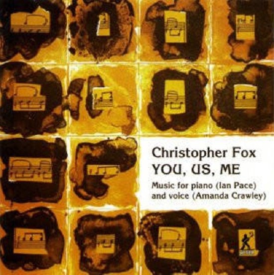 Tuiles abstraites jaunes et marron avec des notes de musique, texte 'Christopher Fox YOU, US, ME'.