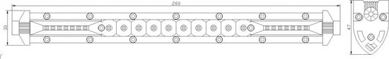Technische tekening van een 28cm led bar met afmetingen aangegeven.