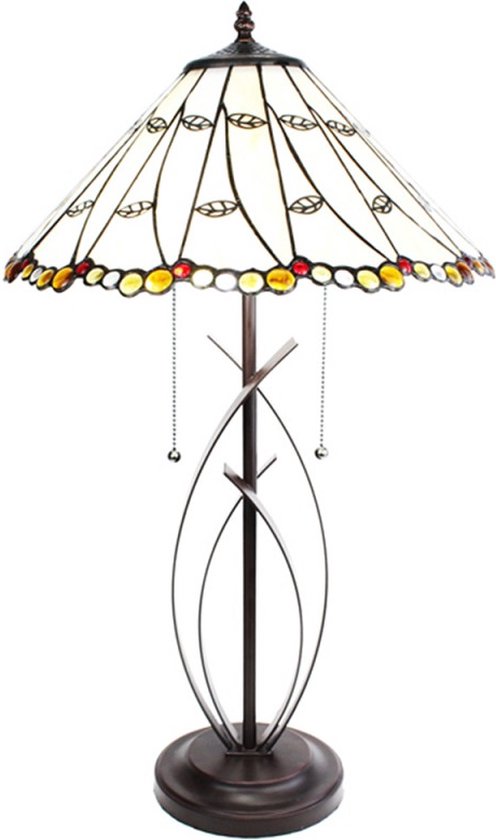 Tiffany Tafellamp Ø 41x68 cm Beige Glas Rond Tiffany Bureaulamp Tiffany Lampen Glas in Lood