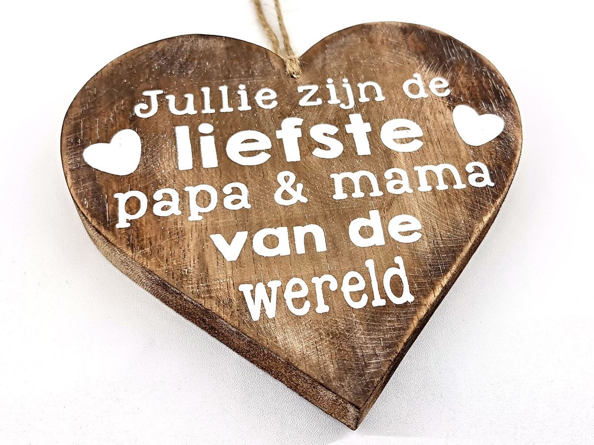 Hart hangend natural 18x18 cm Liefste papa en mama van de wereld - Cadeau