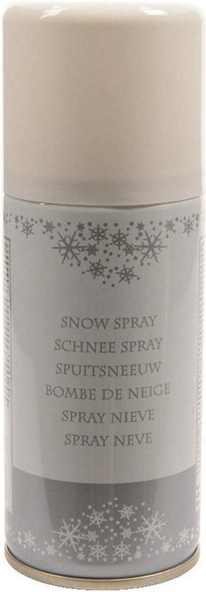 Spuitbus met decoratiesneeuw, wit met grijze details en sneeuwvlokken. Tekst: SNOW SPRAY, SCHNEE SPRAY, SPUITSNEEUW, BOMBE DE NEIGE, SPRAY NIEVE, SPRAY NEVE.