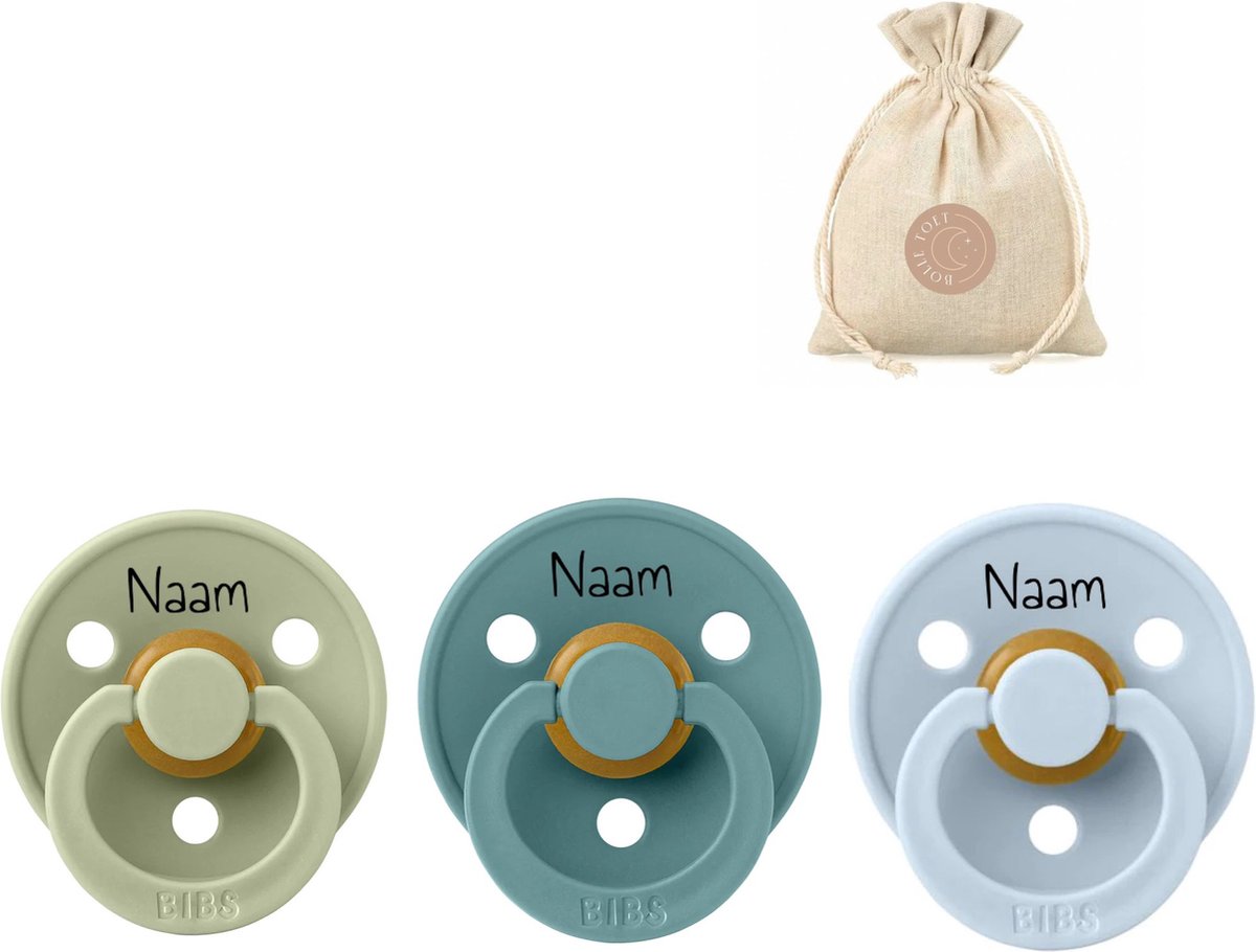 Goedkoopste BIBS fopspenen met naam - 6-18 maanden T2 - Sage, Island sea, Baby blue