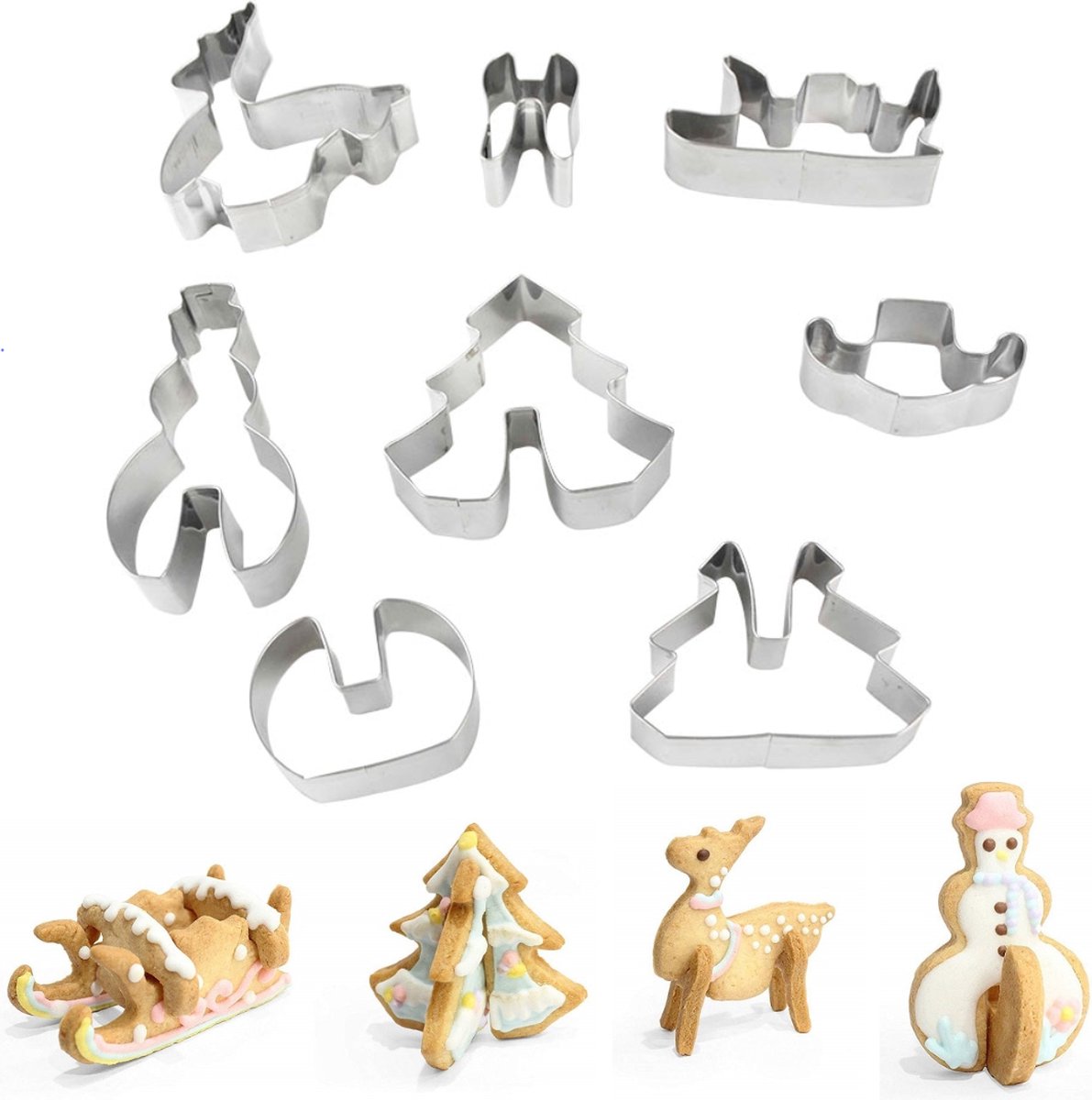 ZijTak - Kerst uitsteekvorm - Kerstmis 3D figuren - Hert - Kerstboom - Slee - Sneeuwman - RVS - 8 delig