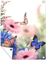 Tuinschilderij Vlinders - Bloemen - Hortensia - Insecten - 60x80 cm - Tuinposter - Tuindoek - Buitenposter