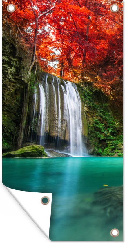 Poster de jardin Cascade - arbre - Rouge - Automne - Water - 40x80 cm - Décoration murale Outdoor - Poster de jardin - Toile de jardin - Poster de clôture - Tableau de jardin