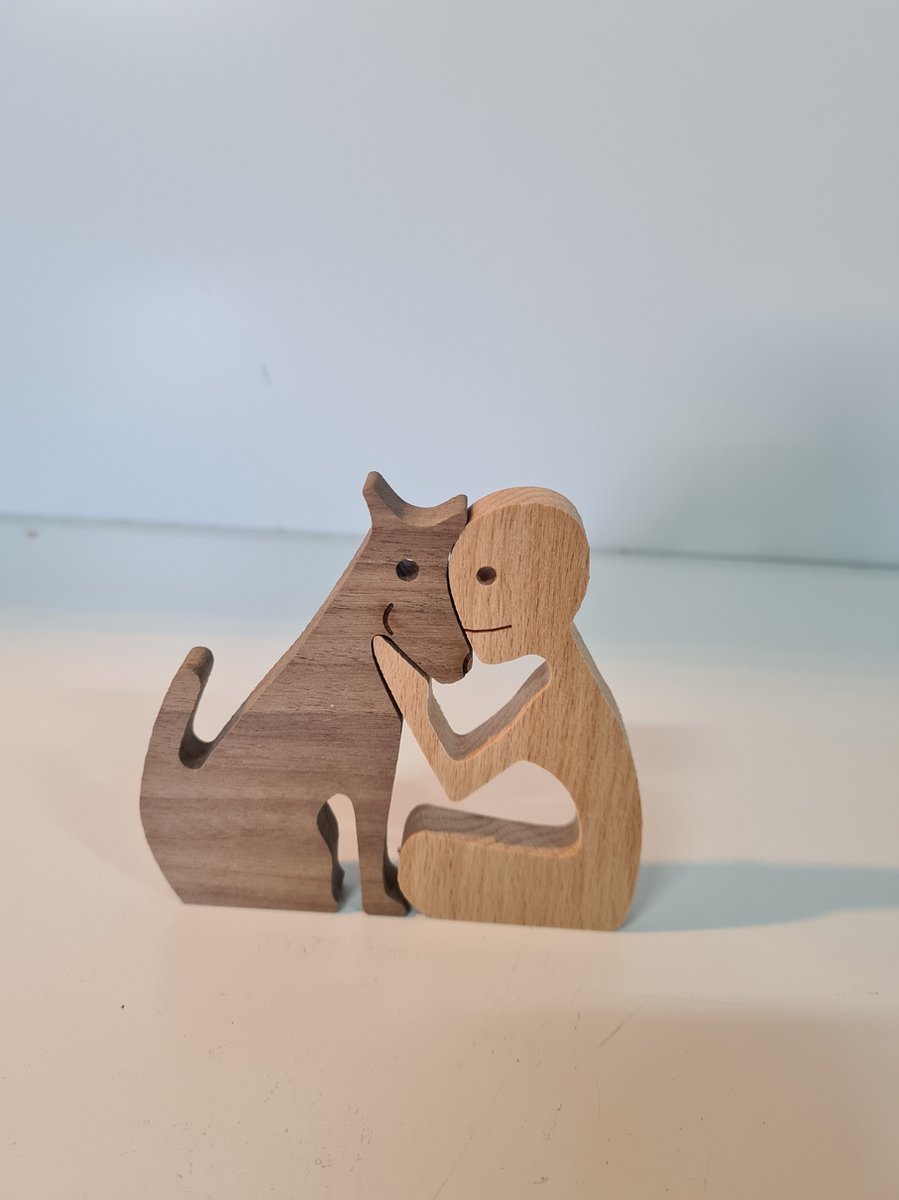 Houten beeldje - Natuurlijk hout - Beeld - Decoratief - Hout - Man - Hond - B08