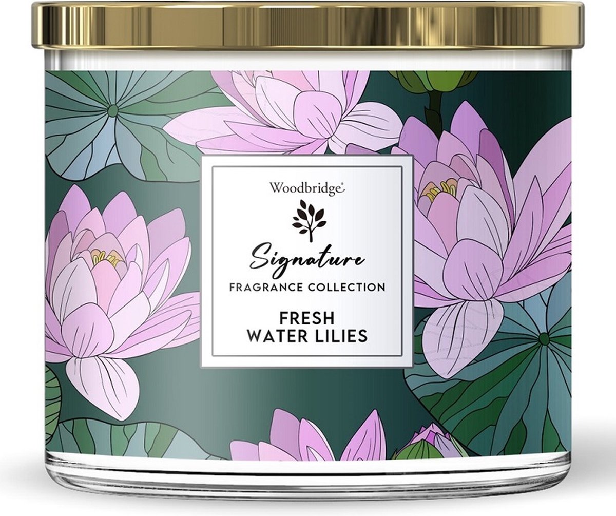 Woodbridge - Luxe Geurkaars Met 3 lonten FRESH WATERLILIES - sinaasAppel roos lelie sandelhout