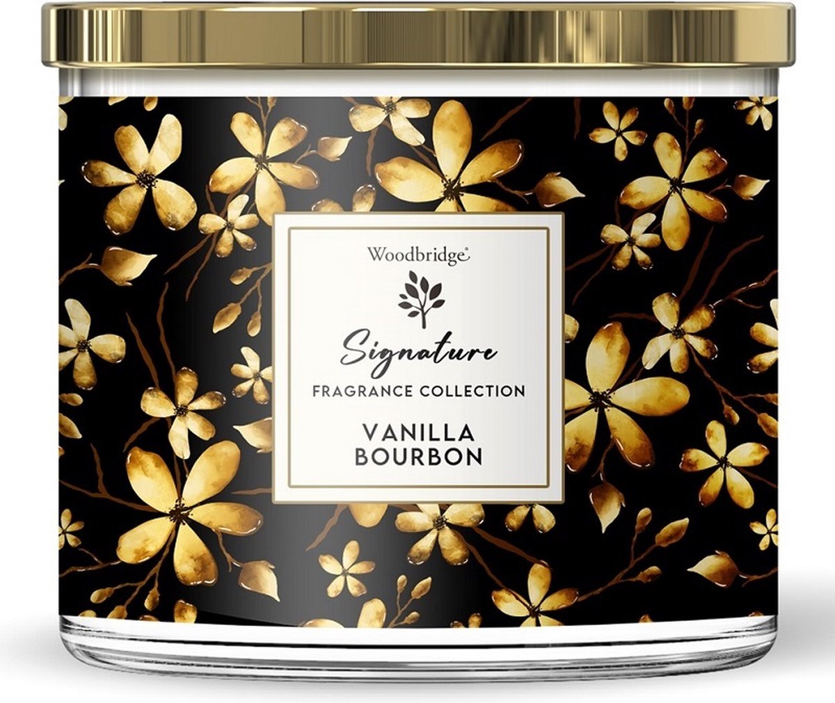 Woodbridge Luxe Geurkaars Met 3 lonten VANILLA BOURBON - amandel roos vanille tonkaboon zwart/goud