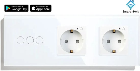 SmartinHuis – Slimme serieschakelaar (3) + tweevoudig stopcontact – Wit – Wifi – Hotelschakelaar – 3 lampen