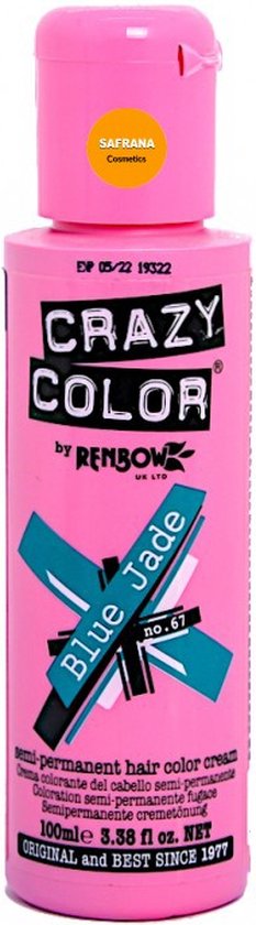 Roze fles Crazy Color met een geel dopje van 'Safrana Cosmetics' en tekst 'Blue Jade'.